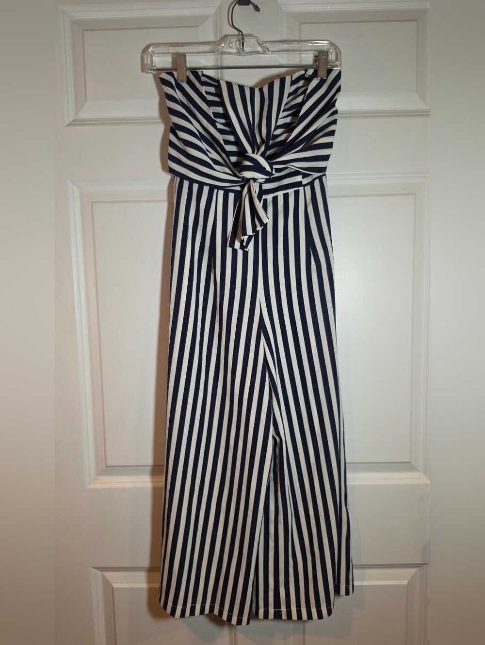 Boohoo Navy and White Striped Strapless Jumpsuit with Front Tie US 6